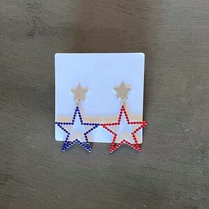 Star Red & Blue Allover Rhinestone Mismatched Silver Post 2.25“ Earrings USA
